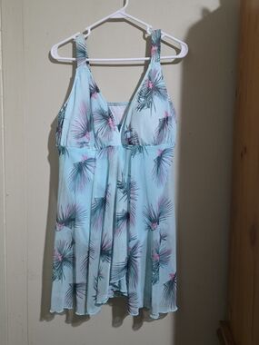 Light Blue Tropical Print Swim Cover-Up Dress
